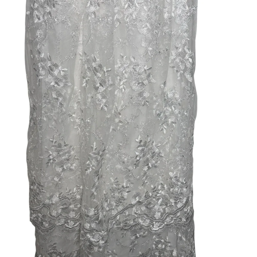 White Floral Lace Christening Gown Silver‎ Metallic Embroidery Baptism Dress